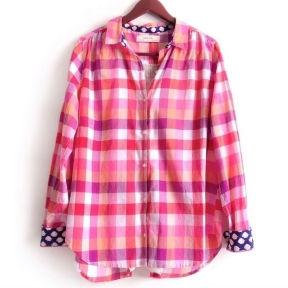 Anthropologie Isabella Sinclair Hibiscus Plaid Barbie pink button down shirt sma